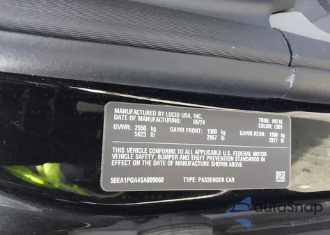 2025 Lucid Air Pure z USA, uszkodzony, nr VIN 50EA1PGA4SA009060